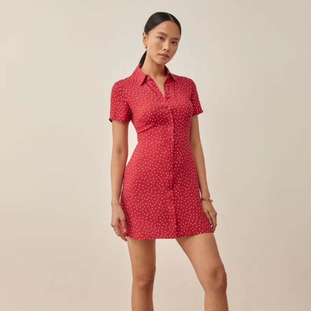 Reformation Short Sleeve Dress - Red Polka Dots - Size 8